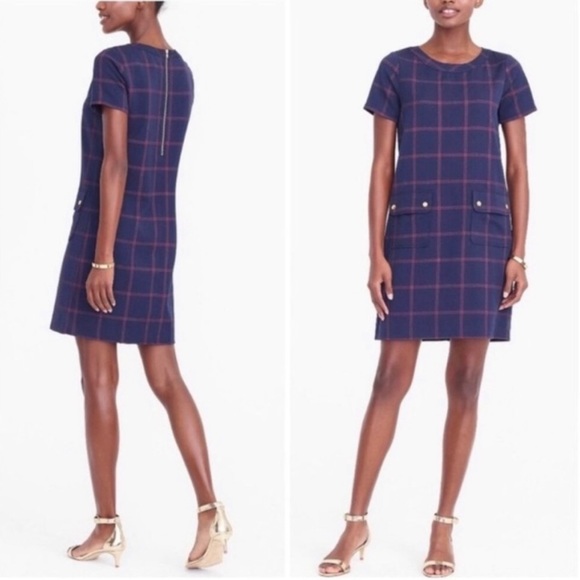 J Crew Plaid Shift Dress Short Sleeve Navy Blue Size 00 - Picture 1 of 10